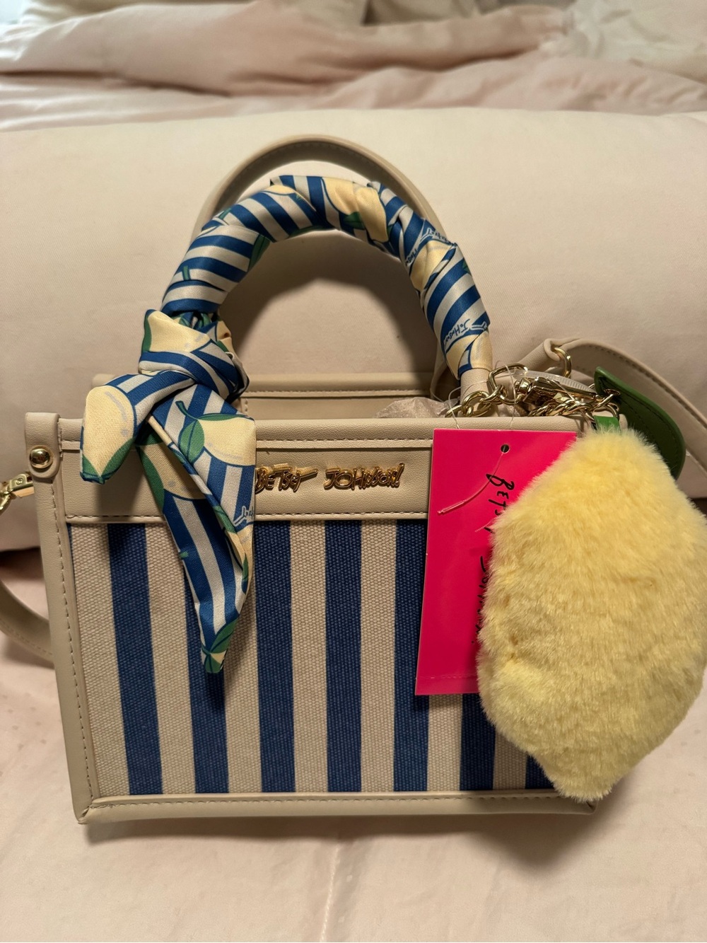 Betsey Johnson Striped Blue & White Mini Tote with Scarf Handle and Lemon Charm
